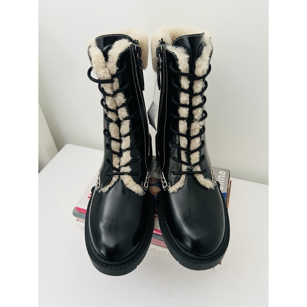 COACH Black High Shine Leather Shearling Combat Booties Uniform Dress Shoes 9.5B - Picture 5 of 13